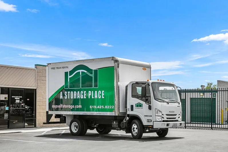 A Storage Place branded moving truck.