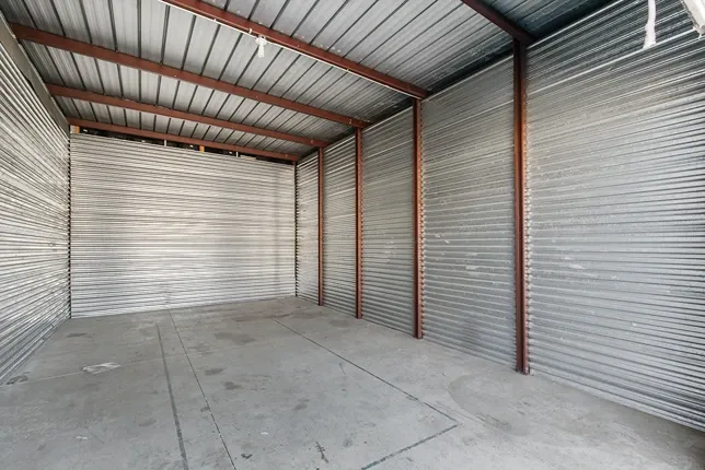 Interior of a metallic sided storage unit.