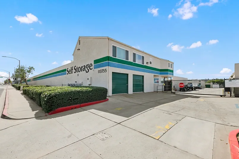 A self storage facility and main entry gate.