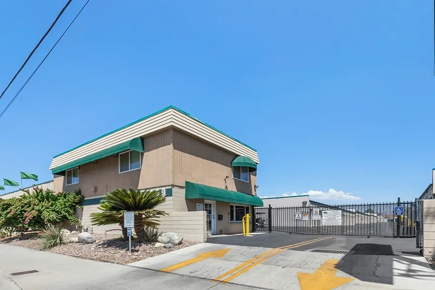 Front gate and office of a storage facility.
