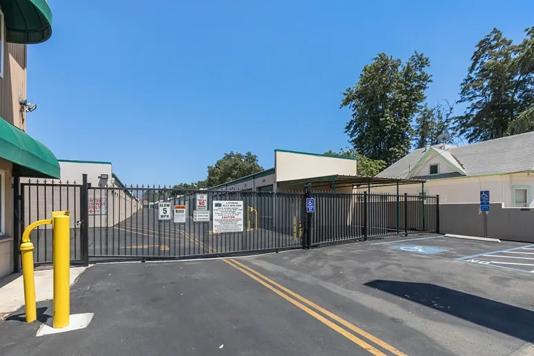 Main entry gate and keypad of a storage facility.