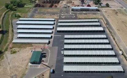 Aerial view of an outdoor storage facility.