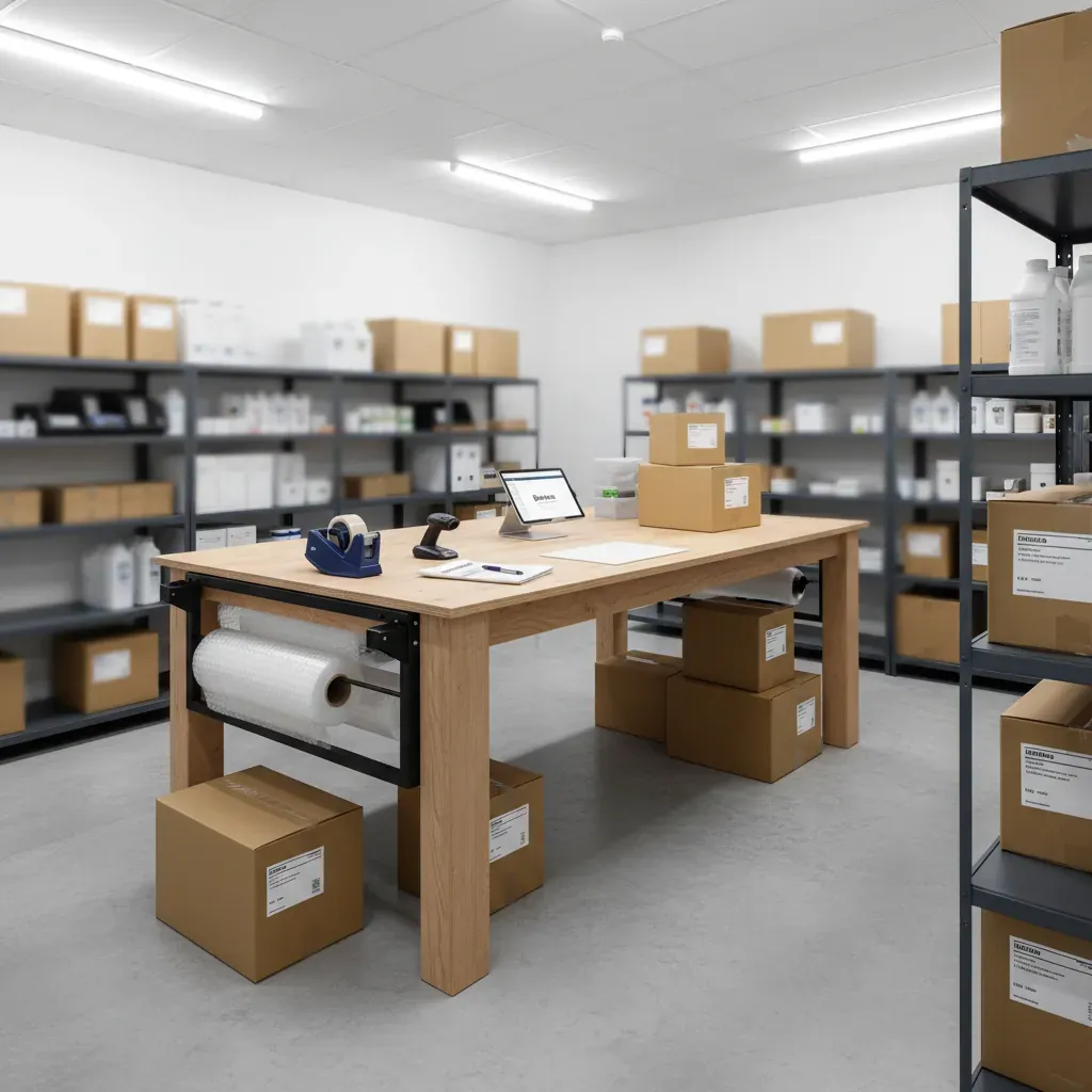 A professional workspace inside a storage unit features a packing station with bubble wrap and organized shipping boxes.