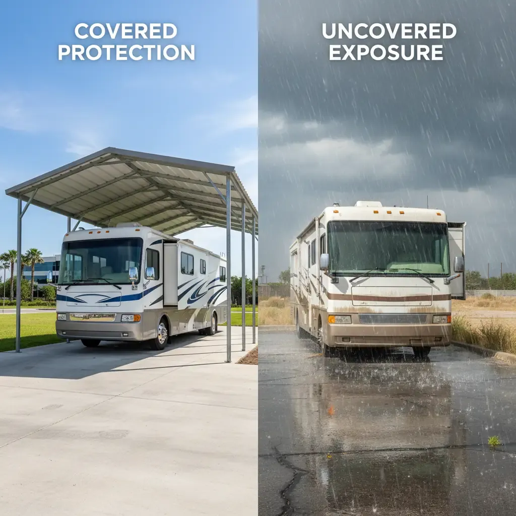 A split-screen shows one RV under a sturdy metal canopy and another RV exposed to intense sun and pouring rain.