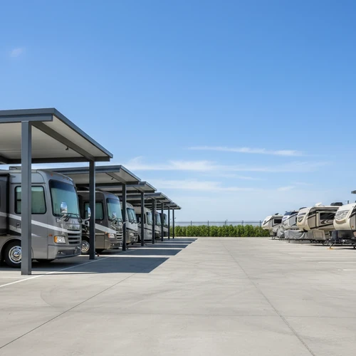 A wide-angle shot of premium covered RV storage bays at a professional facility under a clear blue sky on a sunny day.