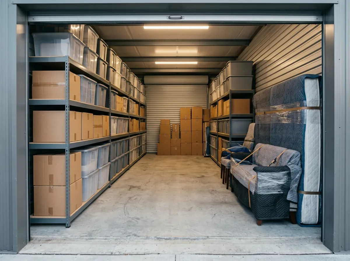 Stacked bins and boxes sit on metal shelves in a neat storage unit with a clear aisle and wrapped furniture.