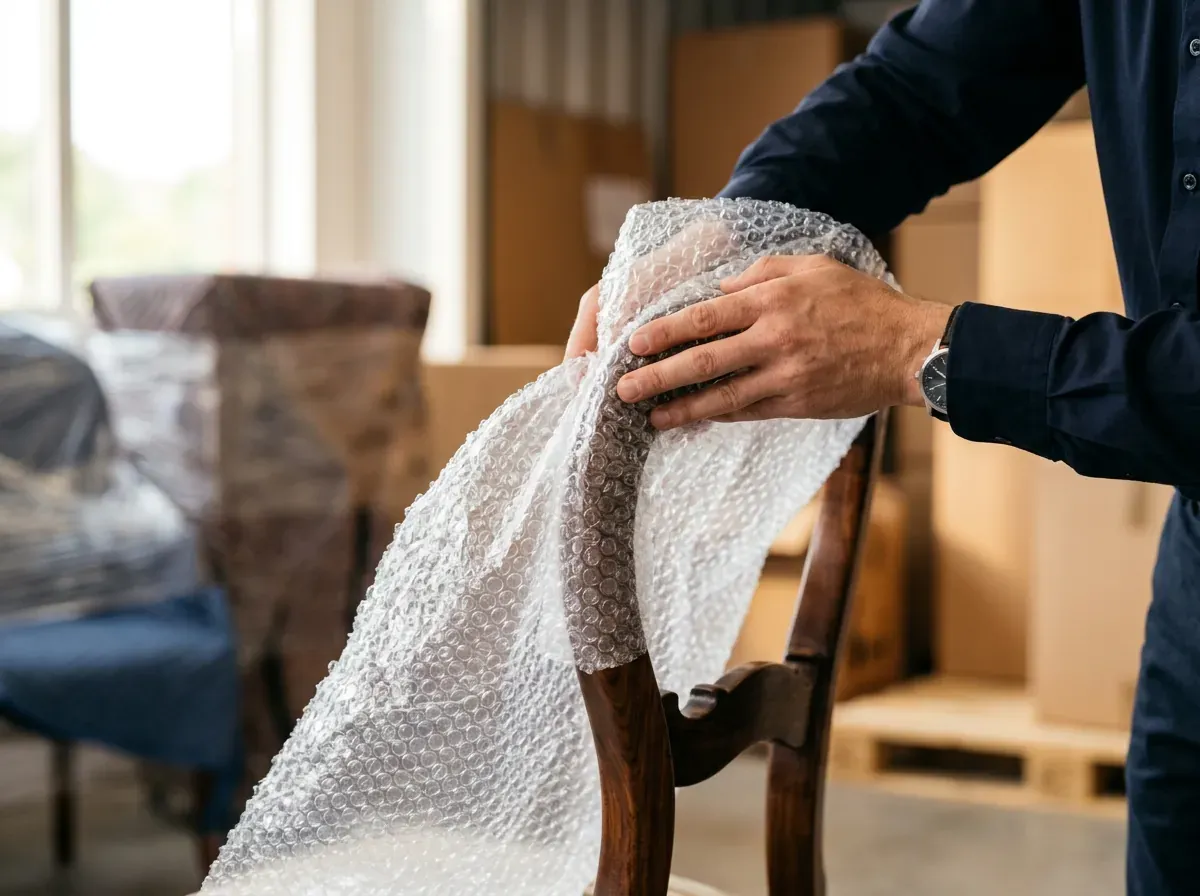 Hands gently wrap clear bubble wrap around the curved wooden leg of a chair to protect it for moving and storage.