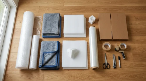 A flat lay of bubble wrap, moving blankets, and foam sheets neatly arranged on a wooden floor in warm, natural sunlight.