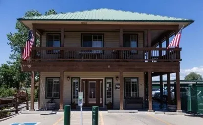 American flags on a storage facility office.