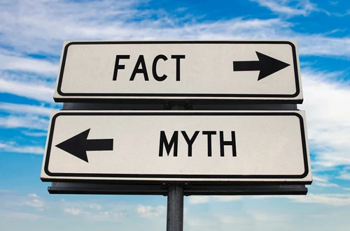 A pair of street signs showing “fact” pointing right and “myth” pointing left.